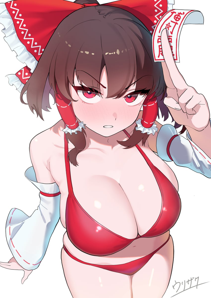 东方Project、博丽灵梦 1名女孩 替换服装 指缝 比基尼 脸红