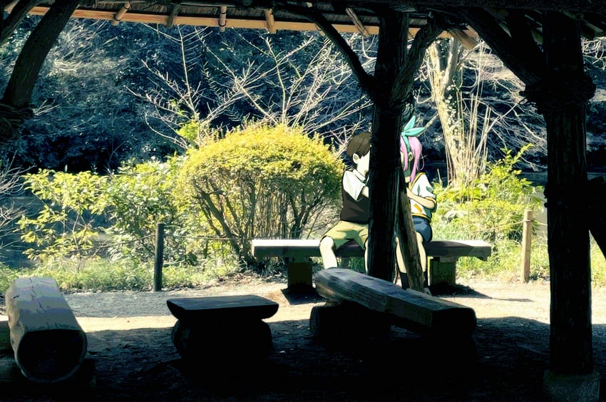 OMORI、阿比 (OMORI)、Aubrey (OMORI) 1名男孩 1名女孩 长椅 黑发 黑色毛衣背心