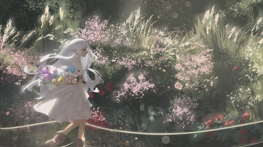 葬送的芙莉莲、芙莉莲 1名女孩 蓝花 花束 白天 连衣裙