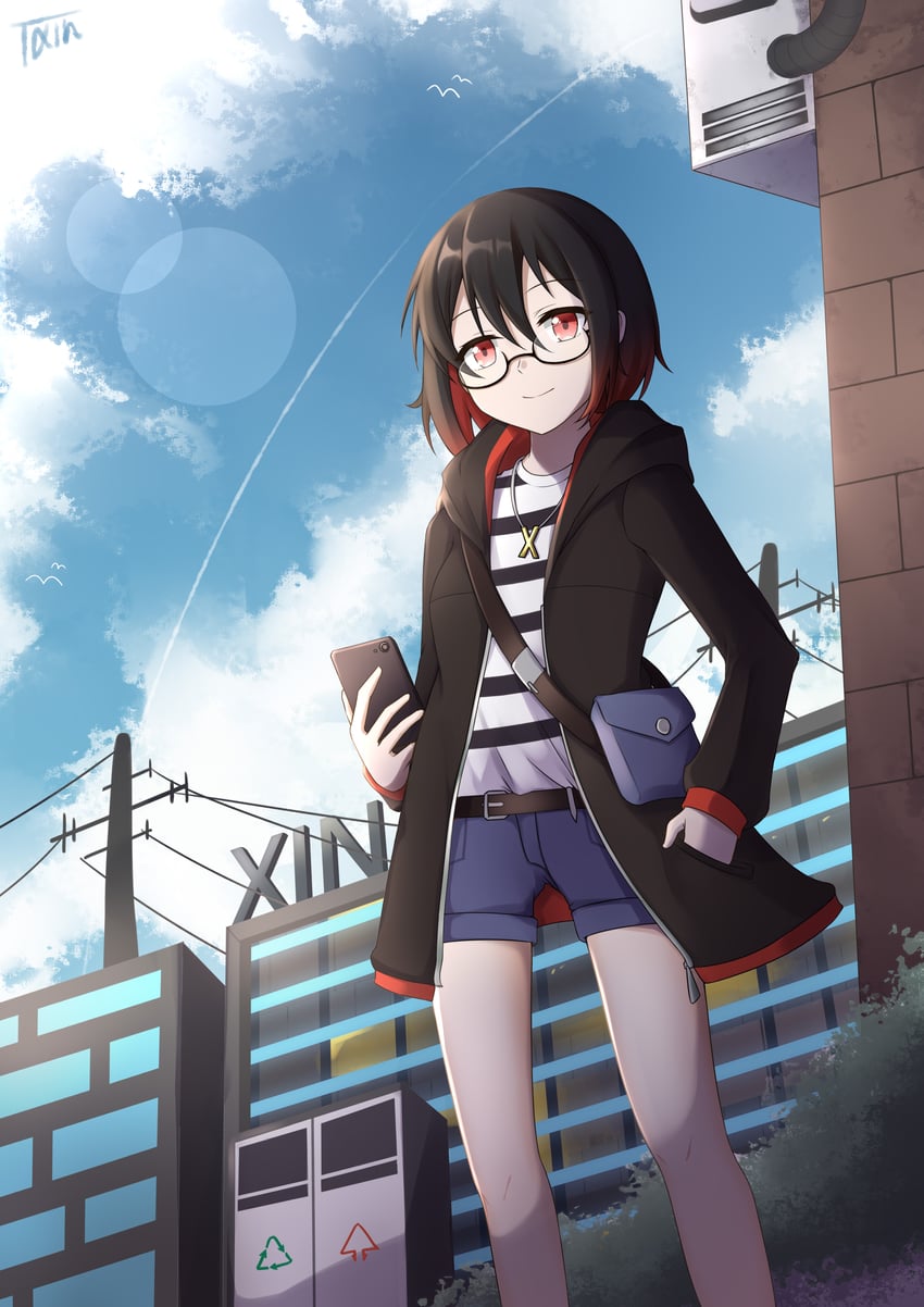 原创 1名女孩 箭头（符号） 画师本人 包 黑框眼镜