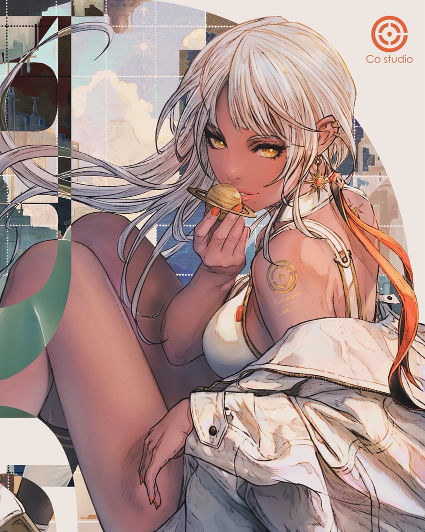 原创 1名女孩 露肩 胸罩 项圈 外套