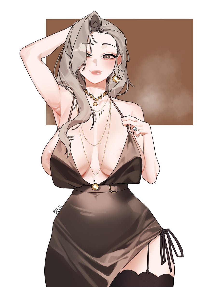 胜利女神：妮姬、密西斯小姐 (胜利女神：妮姬) 1名女孩 露乳晕 乳房 乳房间距宽 棕色连衣裙