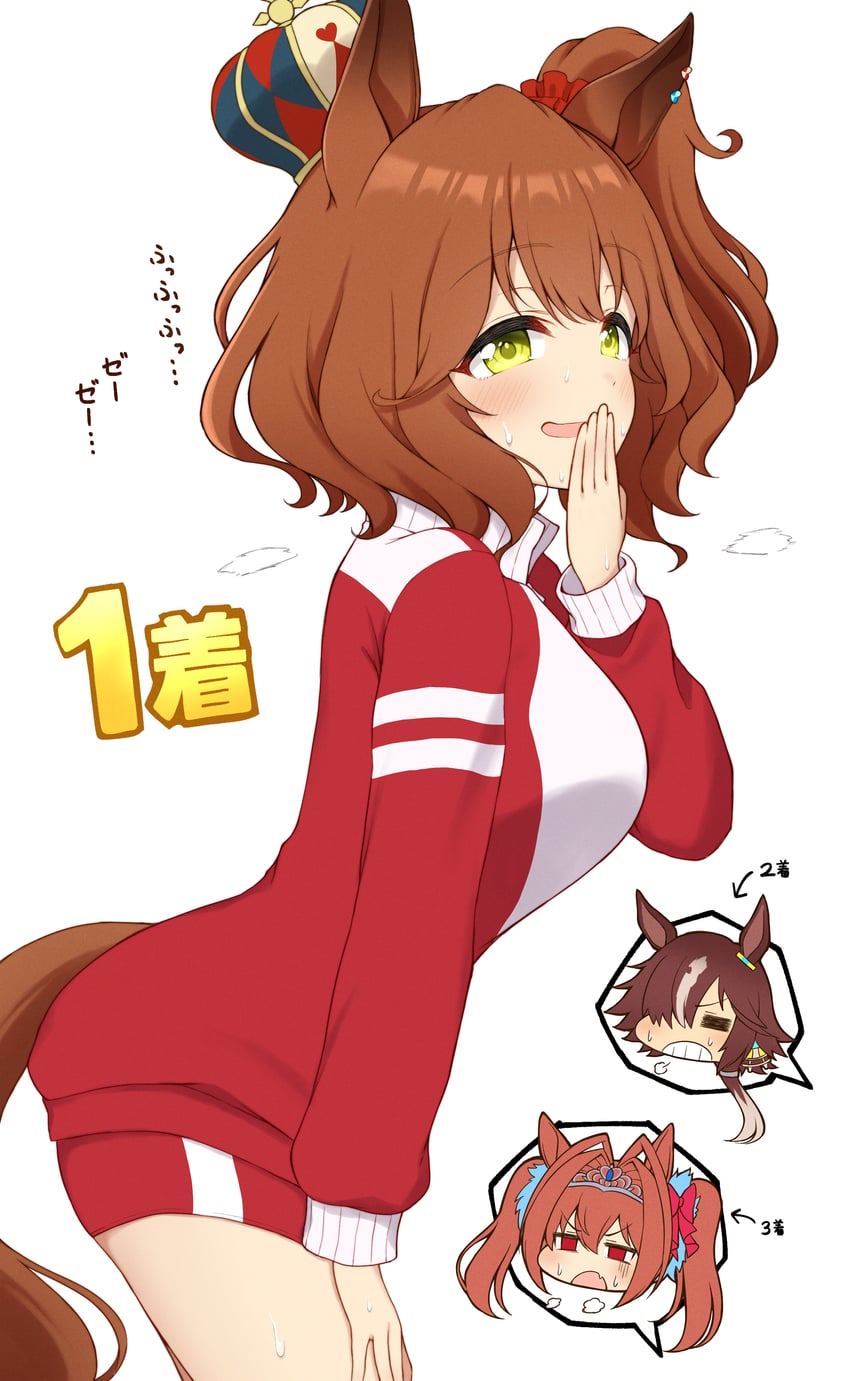 赛马娘、阿斯顿马酱 (赛马娘)、大和赤骥 (赛马娘) 3人女子 兽耳 箭头（符号） 脸红 棕发
