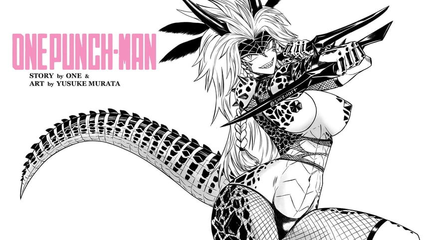 一拳超人、reptera (one-punch man) 1名女孩 露肩 大蓬松发 黑鳞 辫子