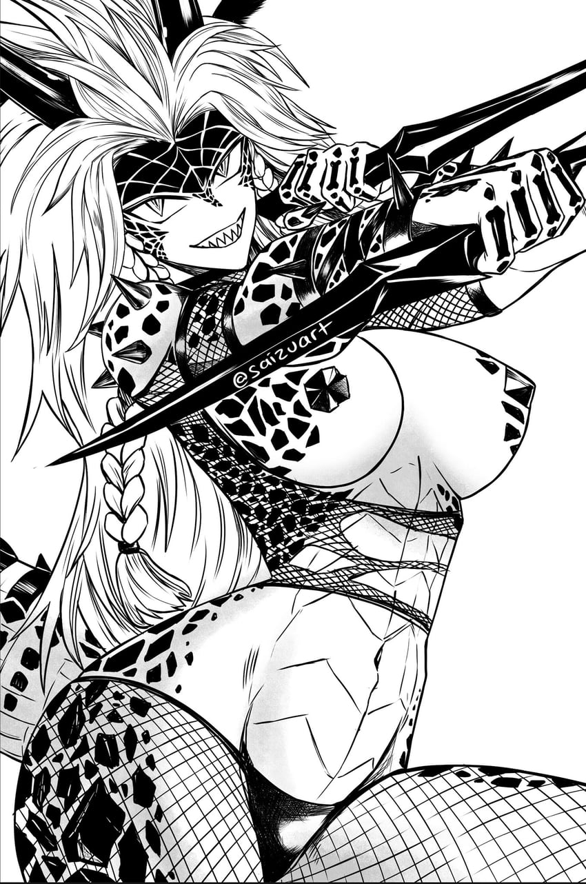 一拳超人、reptera (one-punch man) 1名女孩 露肩 大蓬松发 黑鳞 辫子