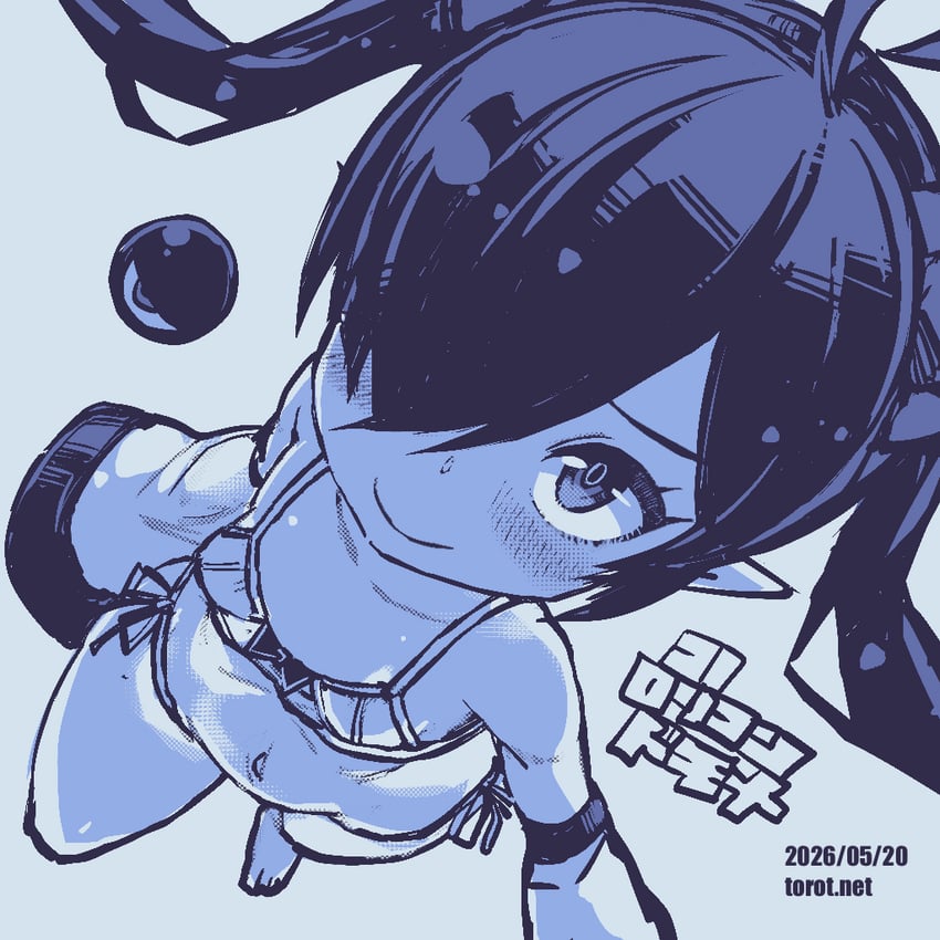 鬼太郎、原创、碧翠丝 (torotei画风) 1名女孩 呆毛 赤脚 蓝色背景 蓝色主题