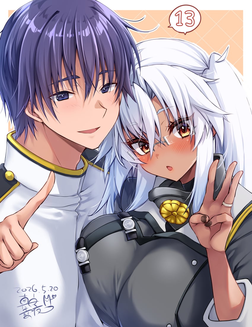 舰队Collection、提督 (舰娘)、武藏 (舰队收藏) 1名男孩 1名女孩 周年纪念 蓝眼 蓝发