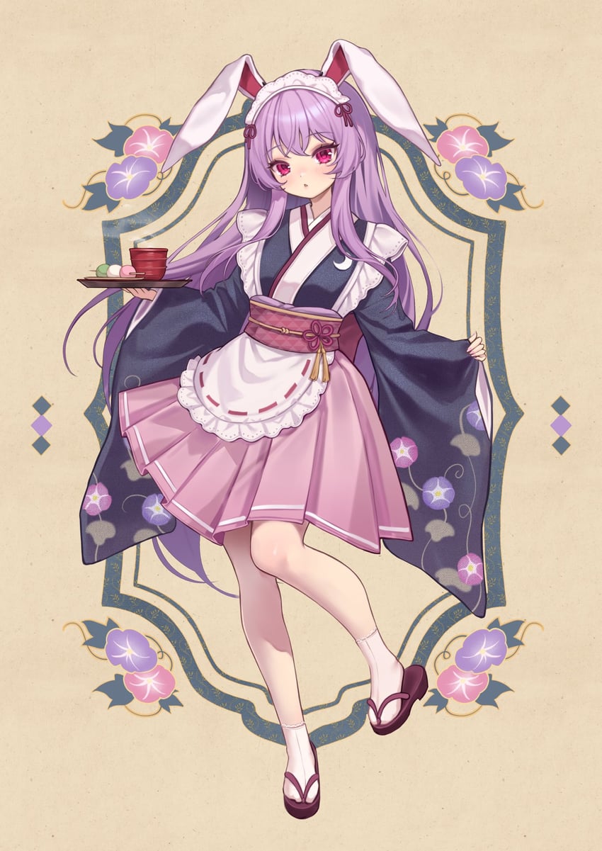 东方Project、铃仙·优昙华院·因幡 1名女孩 替换服装 兽耳 围裙 黑色和服