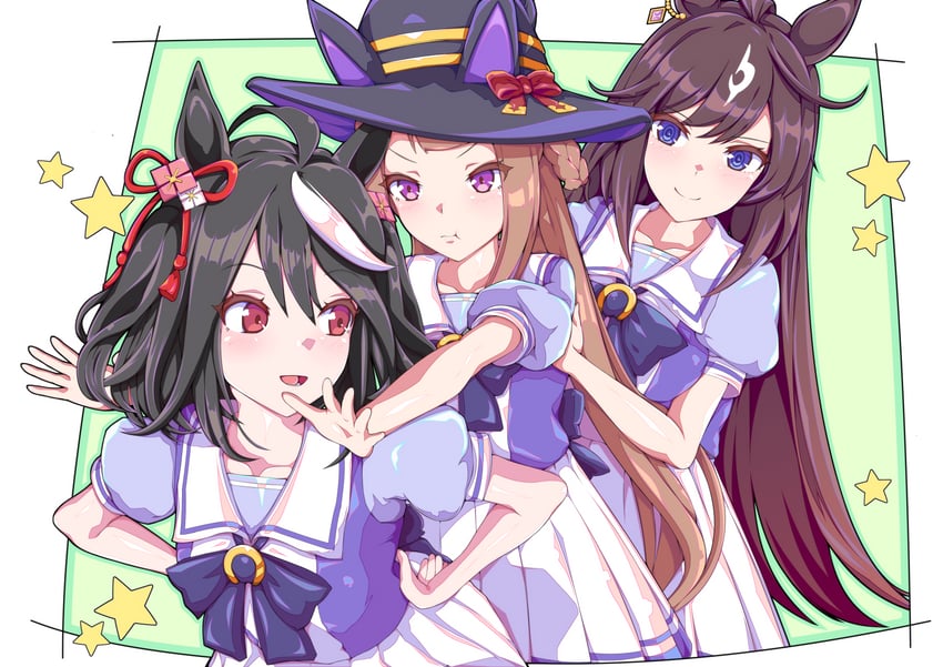 赛马娘、杜拉门特 (赛马娘)、北部玄驹 (赛马娘) 3人女子 呆毛 兽耳 黑发 蓝眼