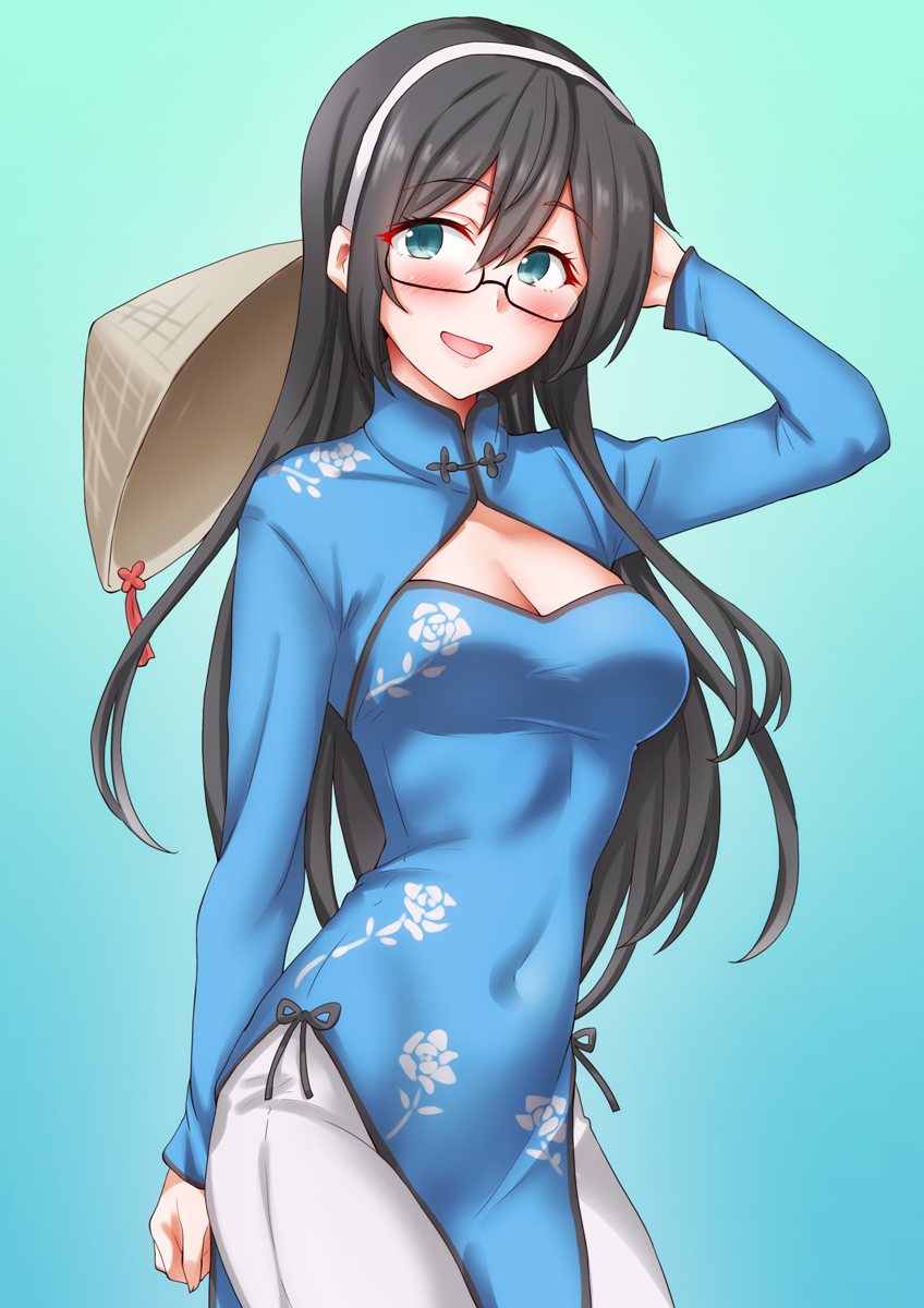 舰队Collection、大淀 (舰队Collection) 1名女孩 替换服装 奥黛 黑发 蓝色背景