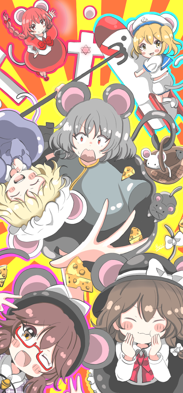 东方Project、东方Project (PC-98)、北白川千百合 6个以上女孩 微笑 锚点印花 黑帽子 黑色裙子