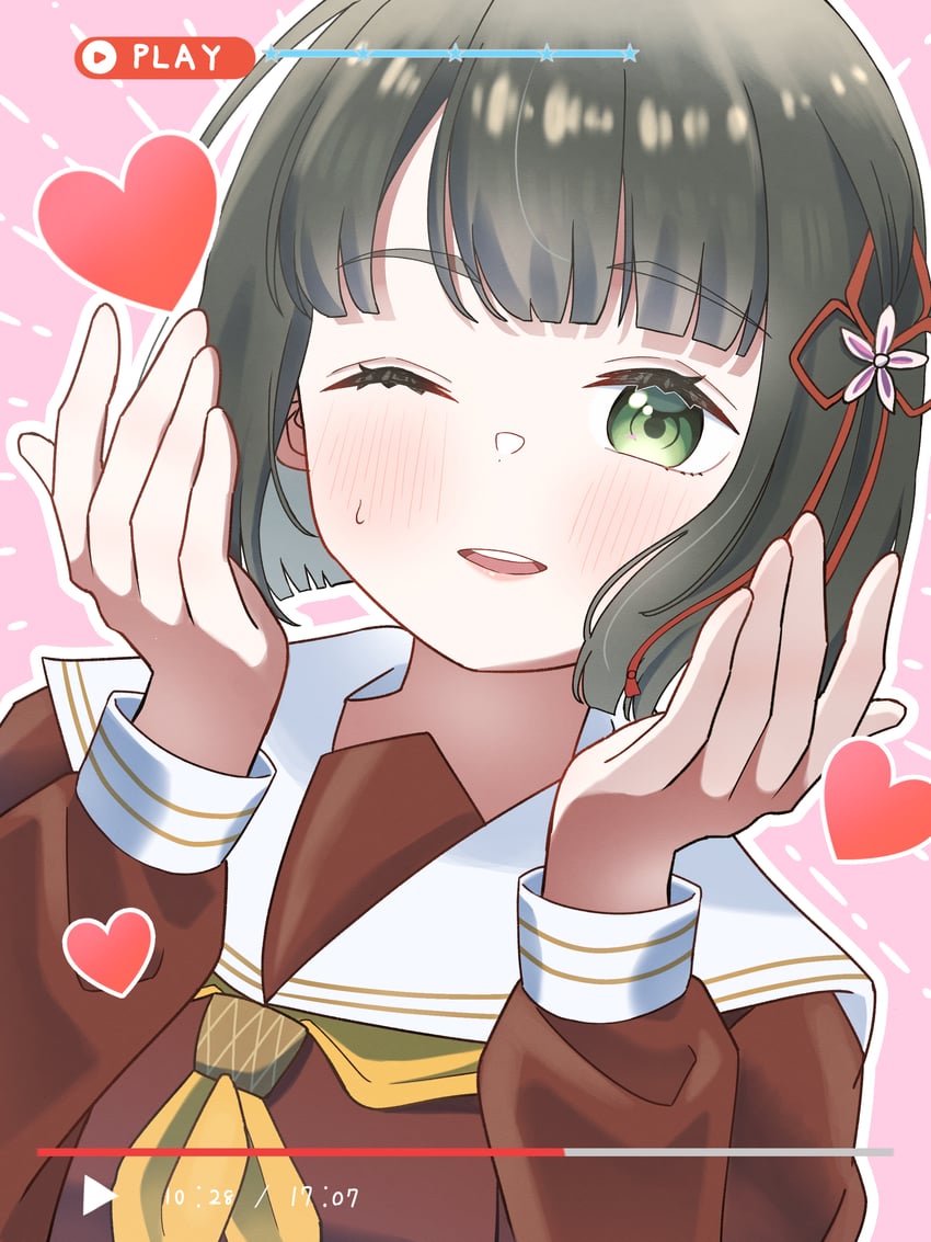 Love Live!、Love Live! 莲之空女学院学园偶像部、百濑银子 1名女孩 黑发 齐刘海 齐发尾 脸红