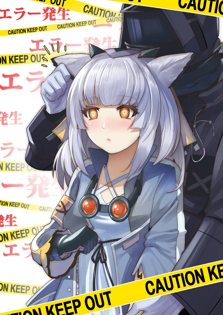 明日方舟、博士 (明日方舟)、白面鸮 (明日方舟) 1名女孩 1个其他角色 臂章 黑色手套 黑色夹克