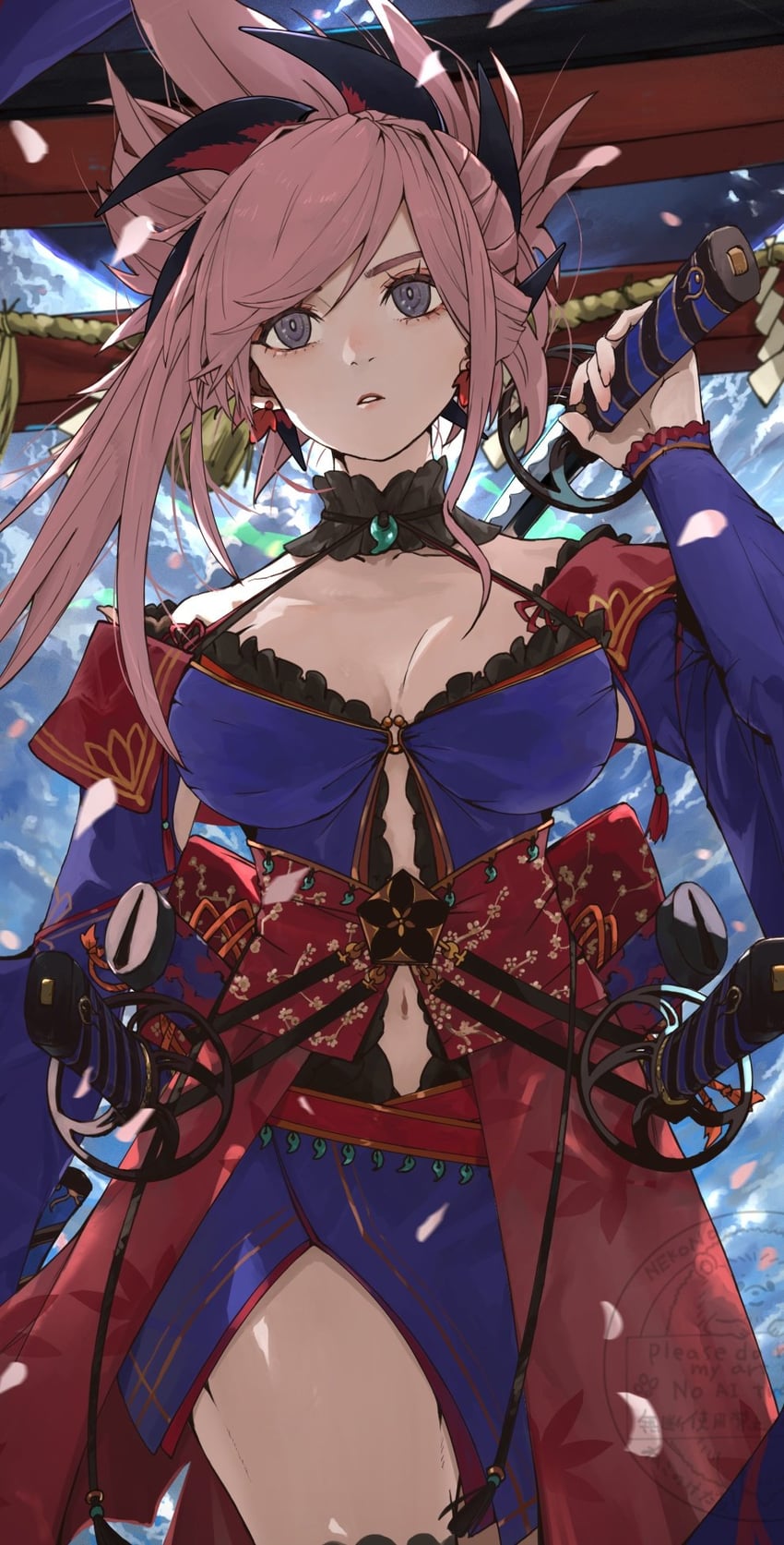 Fate/Grand Order、Fate系列、宫本武藏 (Fate) 1名女孩 黑色过膝袜 乳房 乳沟 服装镂空