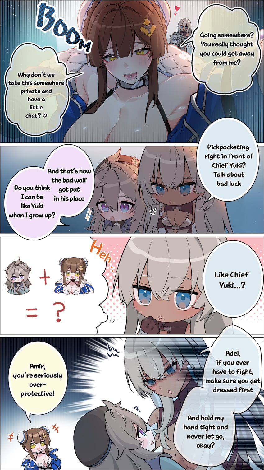 混沌零式噩梦、adelheid (chaos zero nightmare)、Amir (Chaos Zero Nightmare) 3人女子 四格漫画 蓝眼 蓝色夹克 乳房
