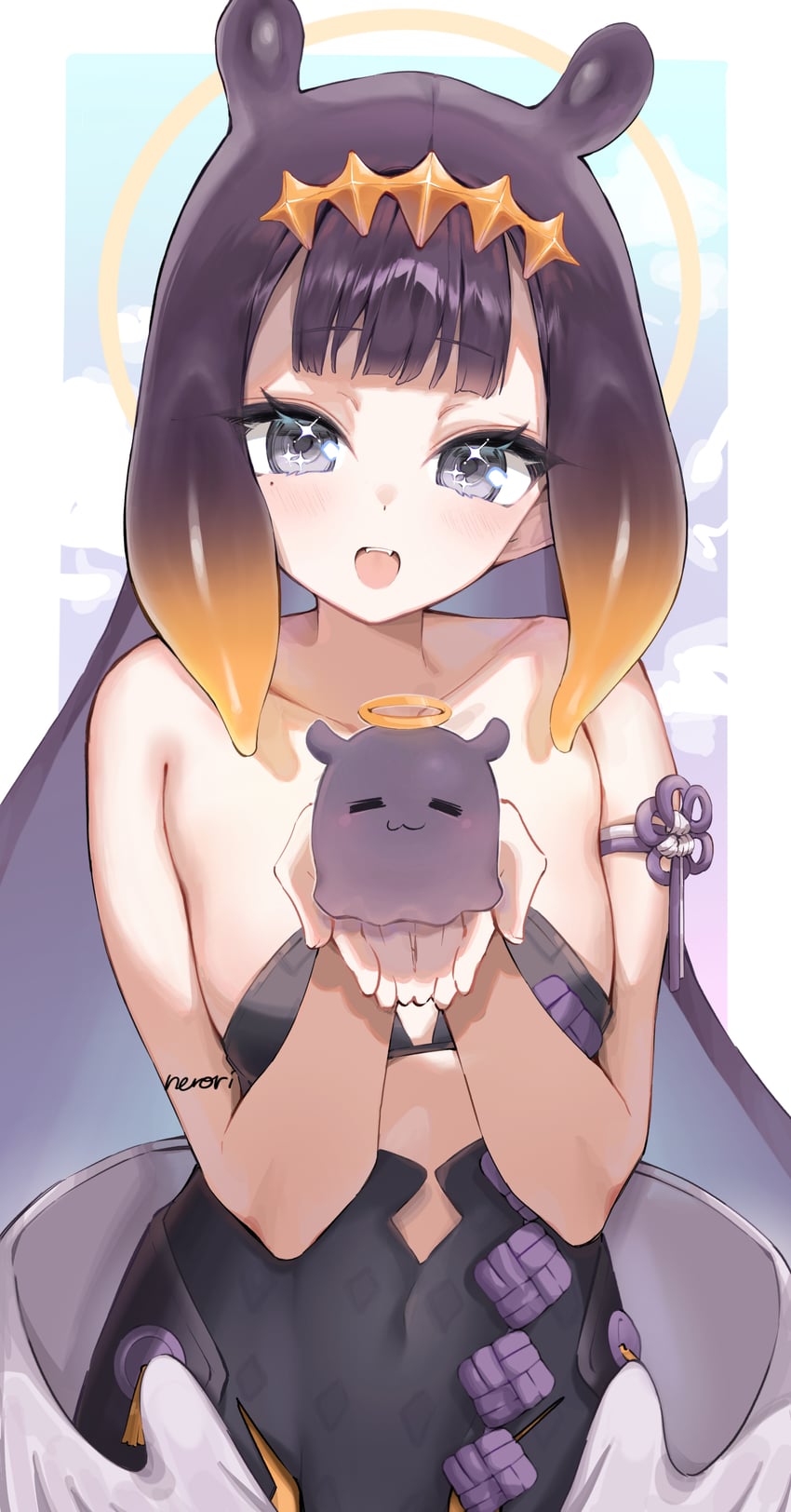 Hololive、Hololive英语、一伊那尔栖 1名女孩 露肩 黑色连衣裙 蓝发 乳房