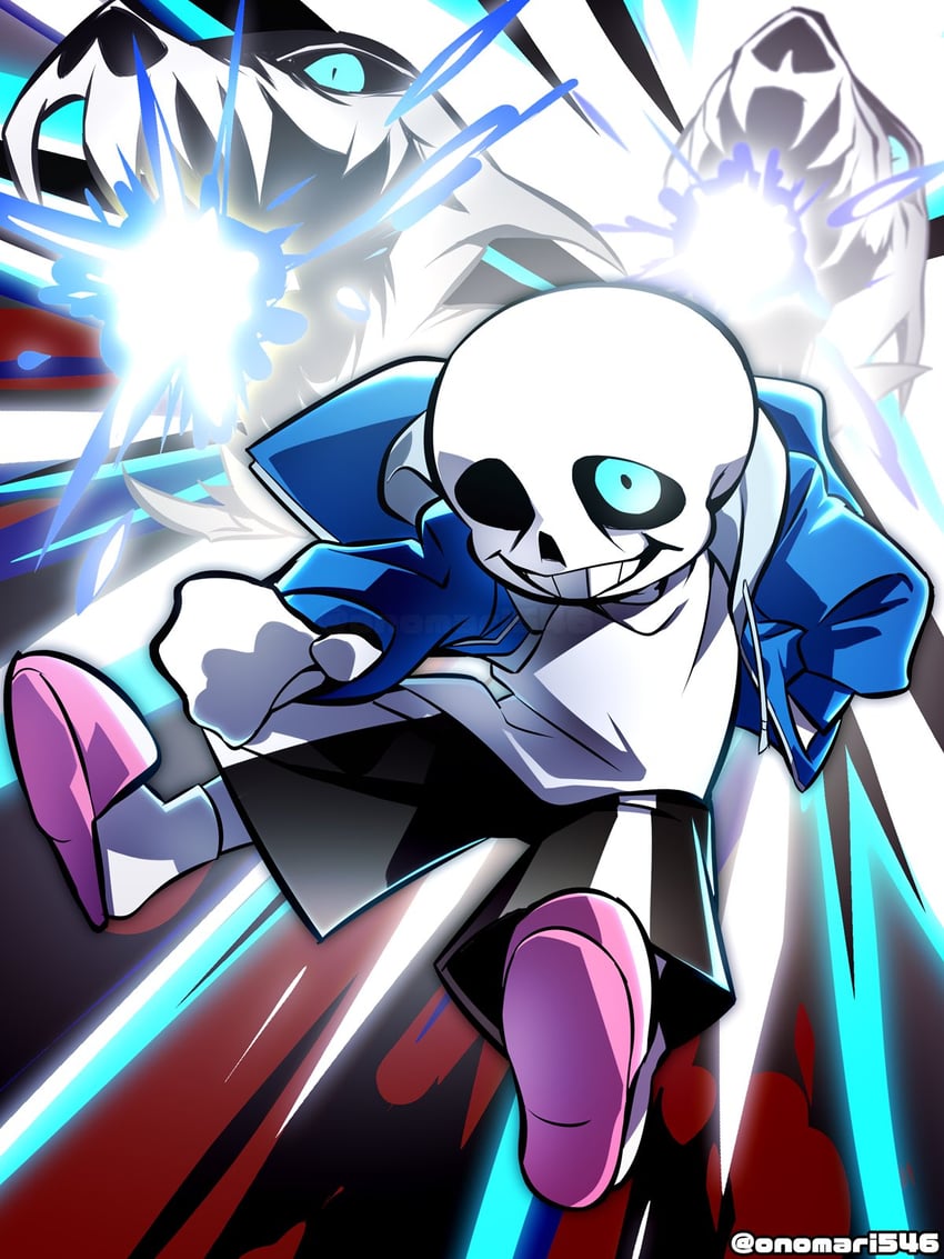 传说之下、Undertale/Deltarune、Sans (传说之下) 1名男孩 黑色短裤 蓝眼 蓝色连帽衫 能量炮