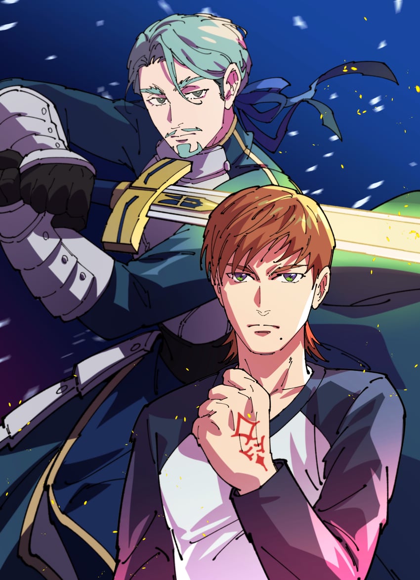 Fate/stay night、Fate系列、高达 2个男孩 蓝色背景 紧握的手 闭嘴 令咒