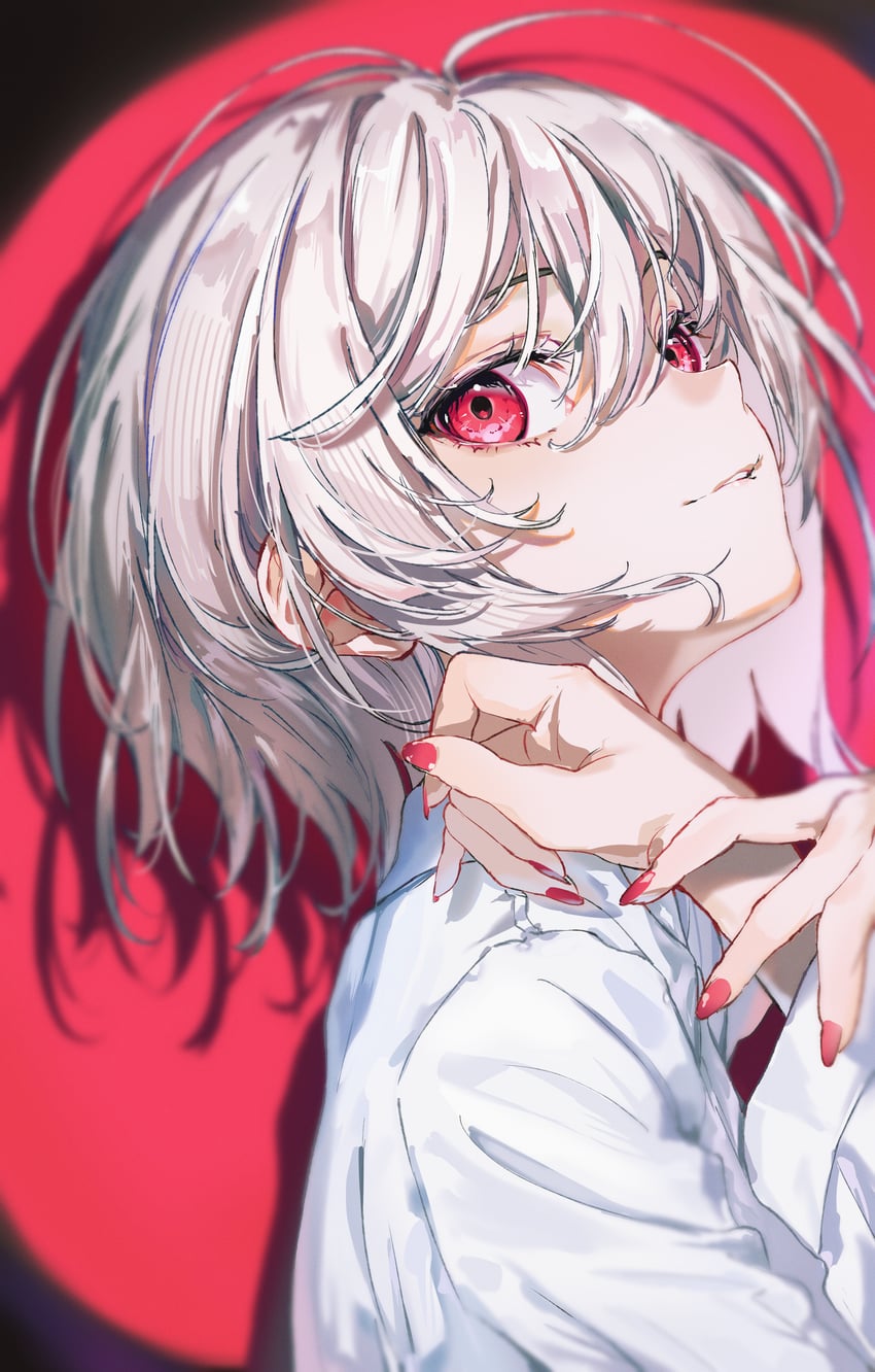 原创 1名女孩 露肩 侧视 灰发 发丝垂在眼睛之间