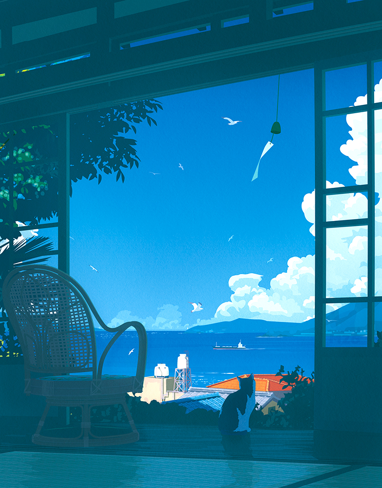 原创 鸟 蓝天 灌木 猫 椅子