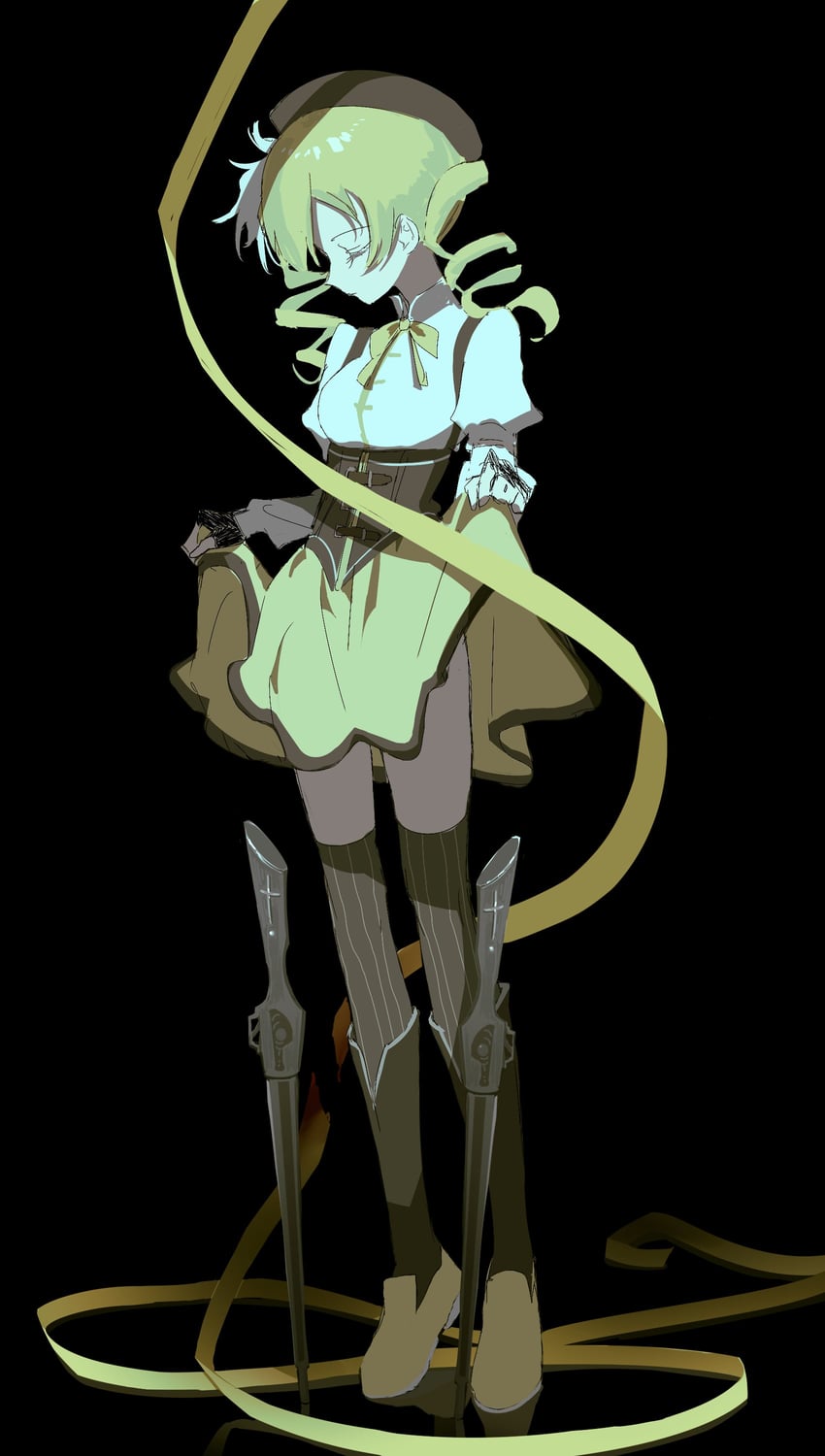 魔法少女小圆、魔法少女小圆、巴麻美 1名女孩 贝雷帽 黑色背景 黑色过膝袜 金发