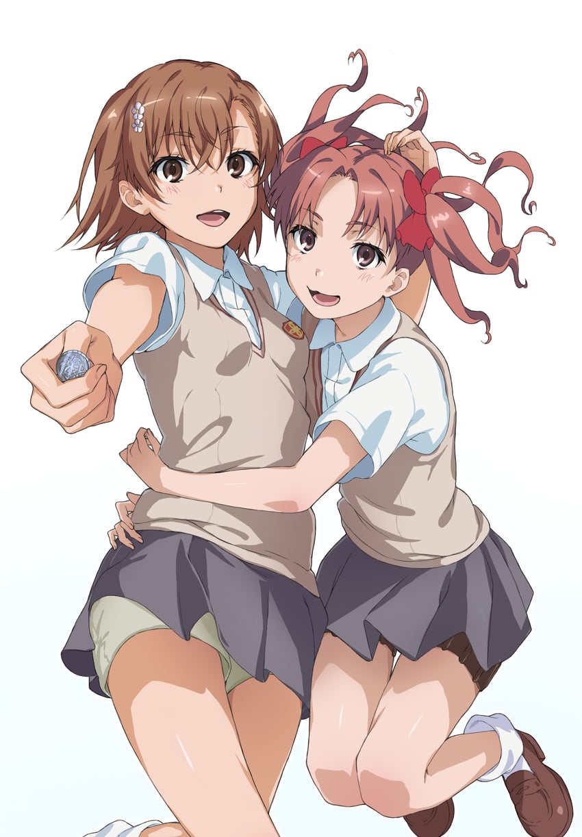 某科学的超电磁炮、魔法禁书目录、御坂美琴 2名女孩 :D 瞄准 瞄准观众 双手搂着他人的腰