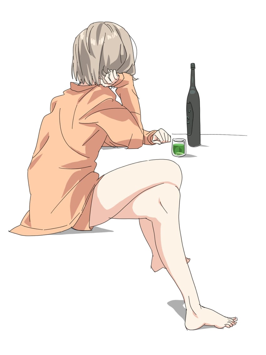 二次元插画 1名女孩 赤脚 瓶子 交叉腿 杯子