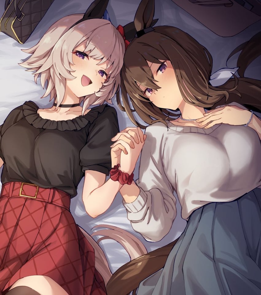 赛马娘、爱慕织姬 (赛马娘)、真机伶 (赛马娘) 2名女孩 兽耳 包 黑色项圈 黑衬衫
