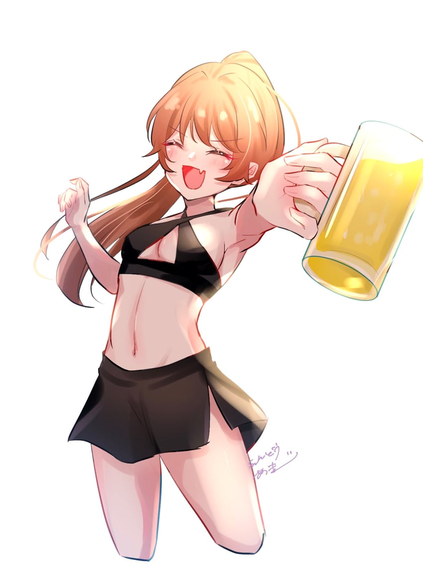 二次元插画 1名女孩 啤酒杯 黑色裙子 脸红 乳房