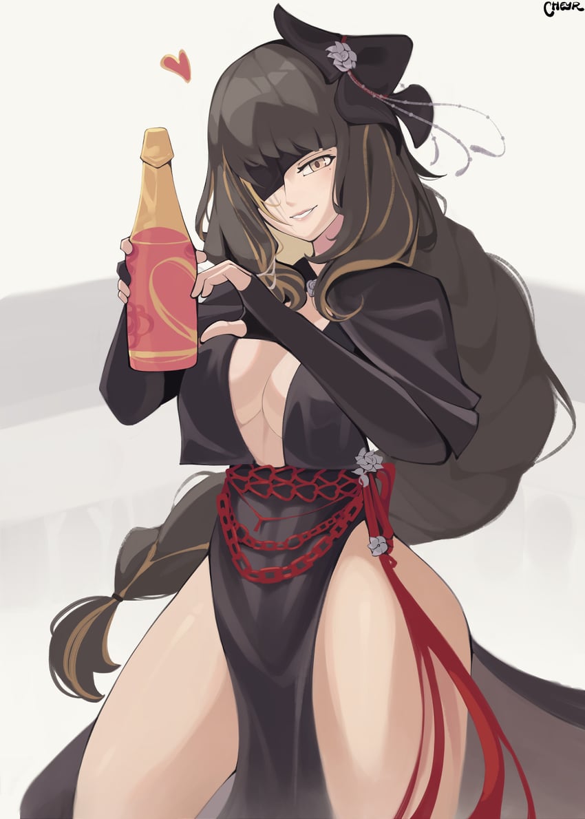少女前线、M16A1 (旷野战旗) (少女前线)、M16A1 (少女前线) 1名女孩 黑色连衣裙 瓶子 蝴蝶结 辫子