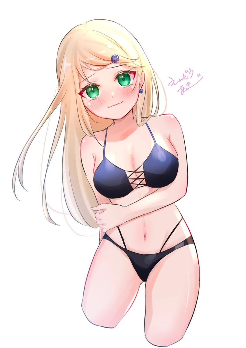 二次元插画 1名女孩 比基尼 黑色比基尼 金发 脸红