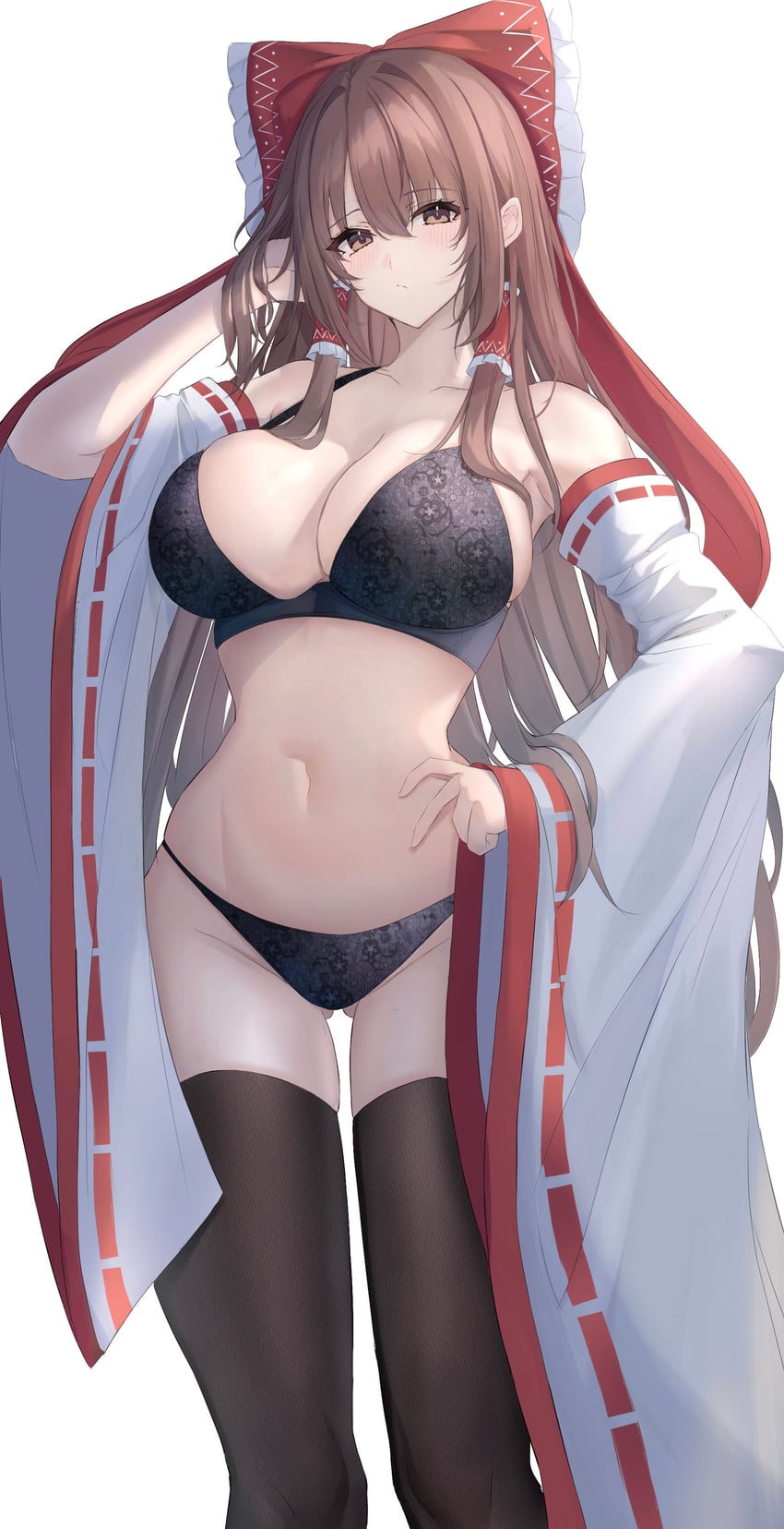 东方Project、博丽灵梦 1名女孩 替换服装 大腿间可见臀部 露肩 黑色文胸