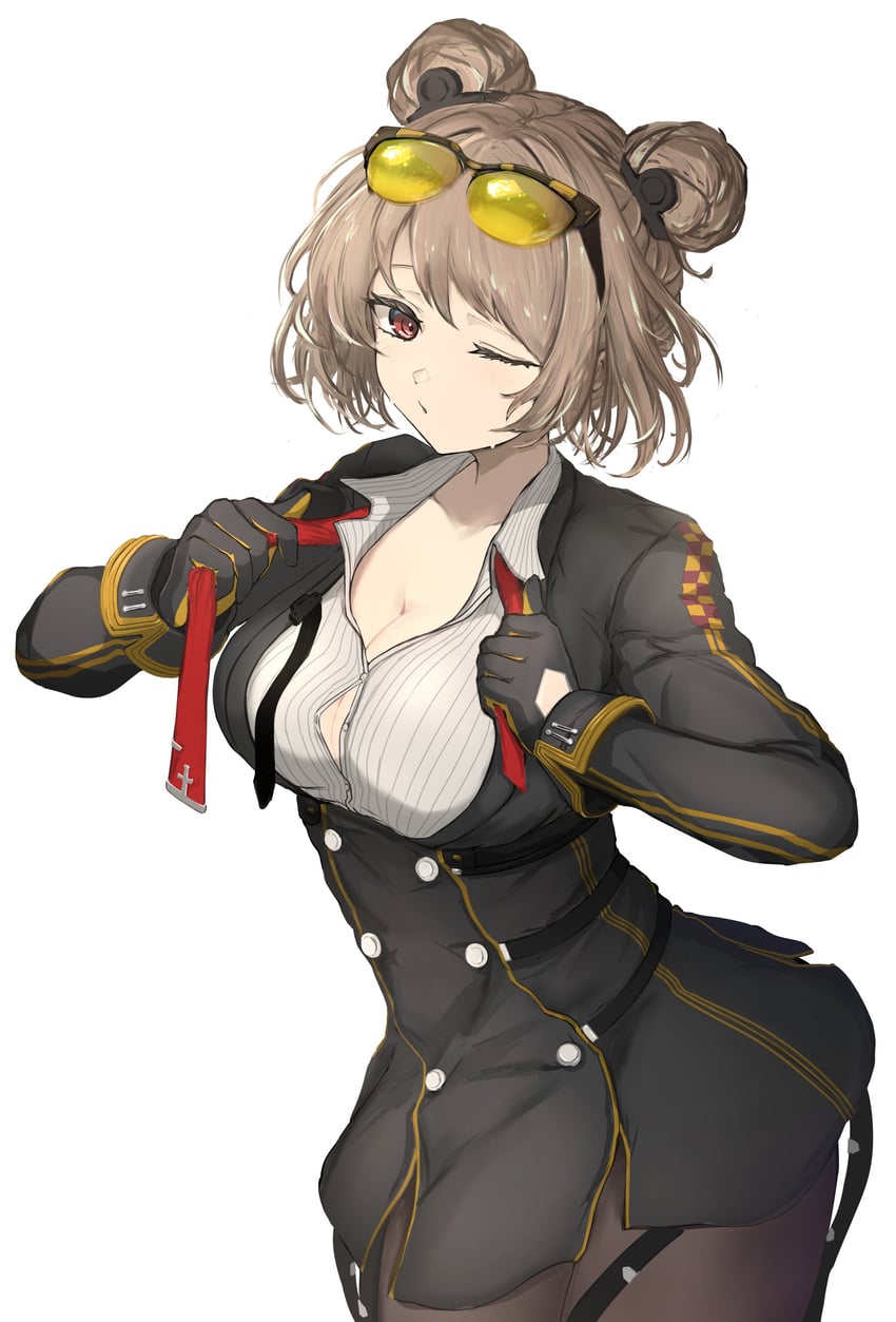 少女前线、P90（少女前线）、WA2000 (少女前线) 1名女孩 黑色手套 黑色连裤袜 乳房 棕发