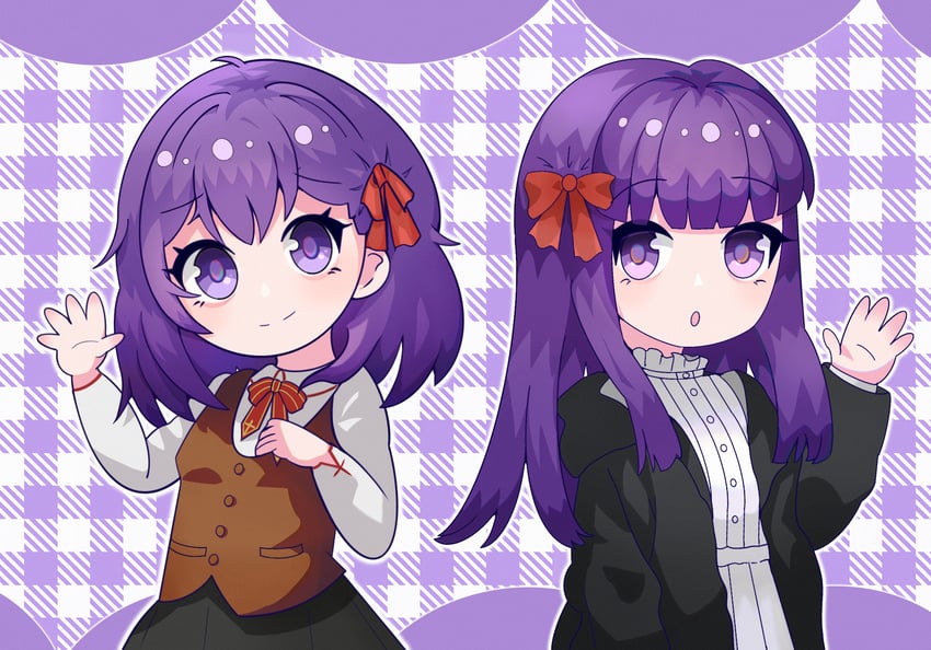 Fate/stay night、Fate系列、葬送的芙莉莲 2名女孩 惊讶 黑色大衣 黑色裙子 棕色背心