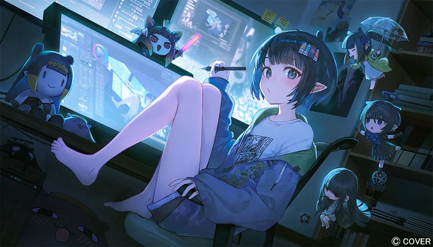 Hololive、Hololive英语、绿绒蒿 (一伊那尔栖) 1名女孩 赤脚 黑发 黑色短裤 齐刘海