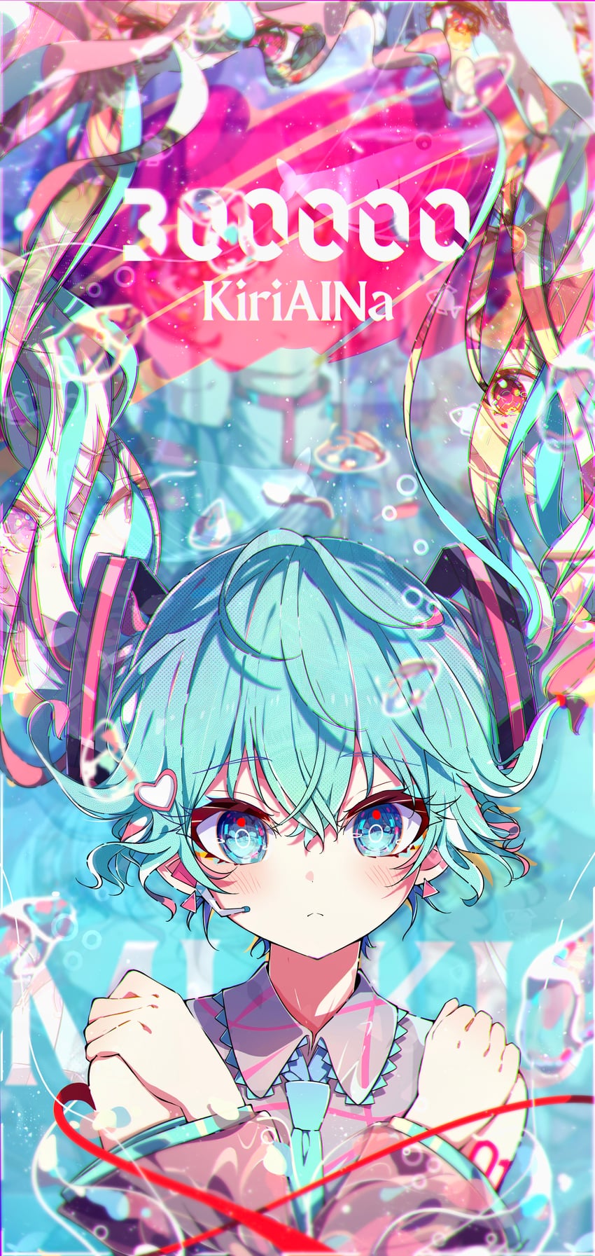 VOCALOID、初音未来 1名女孩 水色瞳 水色发 水蓝色领带 作者名