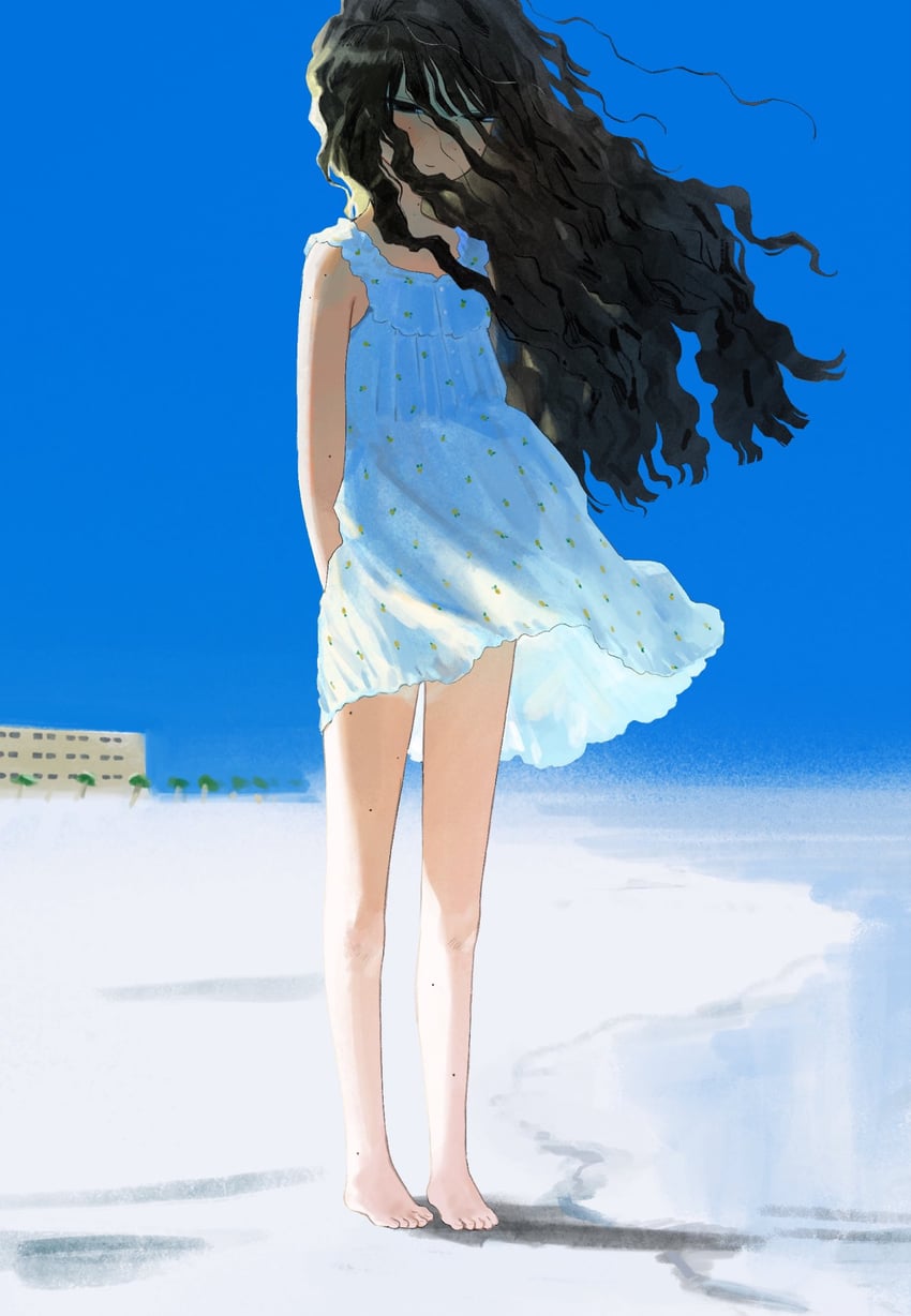 原创 1名女孩 赤脚 黑发 卷发 白天