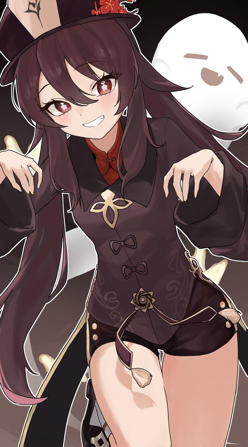 原神、幽幽 (原神)、胡桃 (原神) 1名女孩 :D 无语 黑色背景 乳房