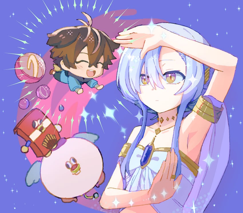 女神：“异世界转生你想变成什么？” 我：“勇者的肋骨。”、女神（用勇者的肋骨）、ore (yuusha no rokkotsu de) 1名男孩 1名女孩 :D 微笑 举手