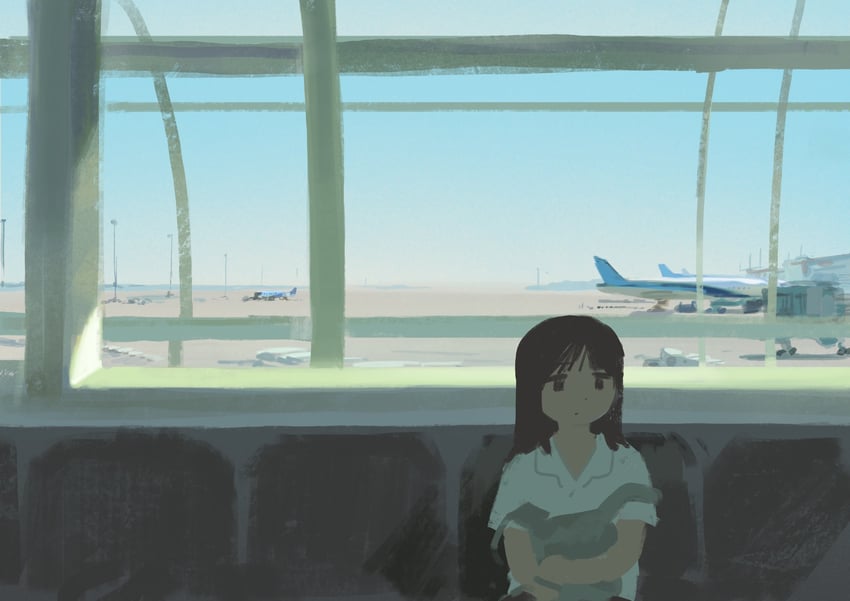 原创 1名女孩 飞行器 飞机 机场 背包