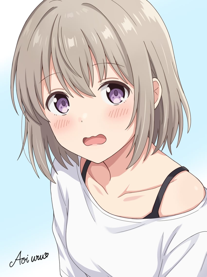 神稻牡丹：醉态如百合之花、砺波伊吹 1名女孩 露肩 黑色文胸 蓝色背景 脸红