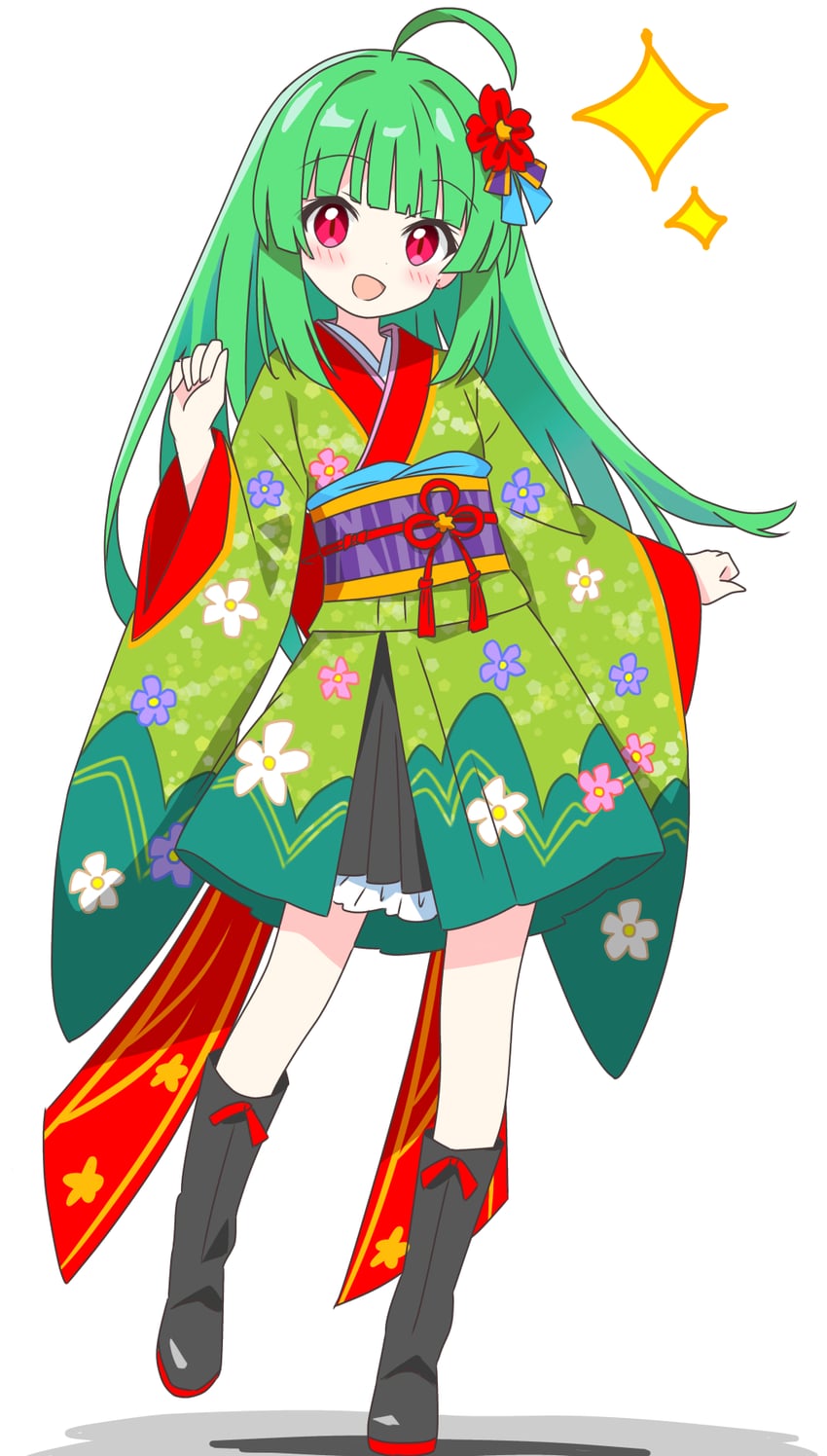 原创、绿发和服女孩 (被炉魔族) 1名女孩 :D 呆毛 黑色靴子 黑色裙子