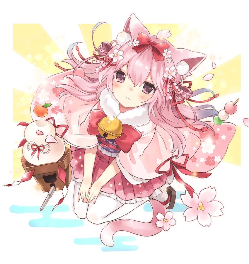 碧蓝航线、如月 (碧蓝航线)、如月 (新年愿望) (碧蓝航线) 1名女孩 兽耳 铃铛 脸红 蝴蝶结