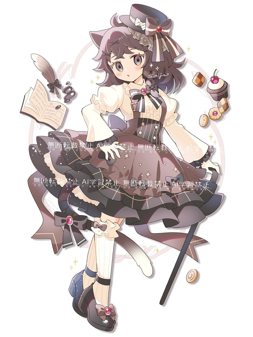 原创 1名女孩 惊讶 呆毛 兽耳 黑色蝴蝶结