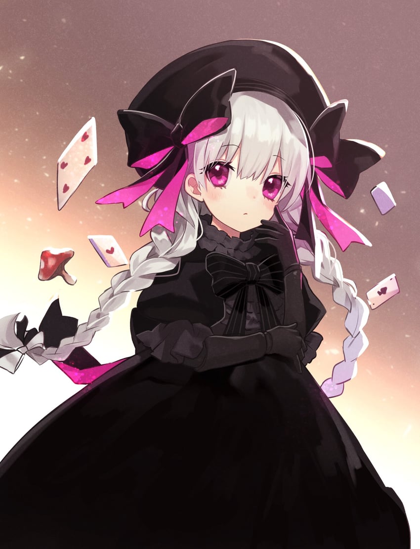 Fate/Grand Order、Fate系列、童谣 (Fate) 1名女孩 黑色蝴蝶结 黑色连衣裙 黑帽子 脸红