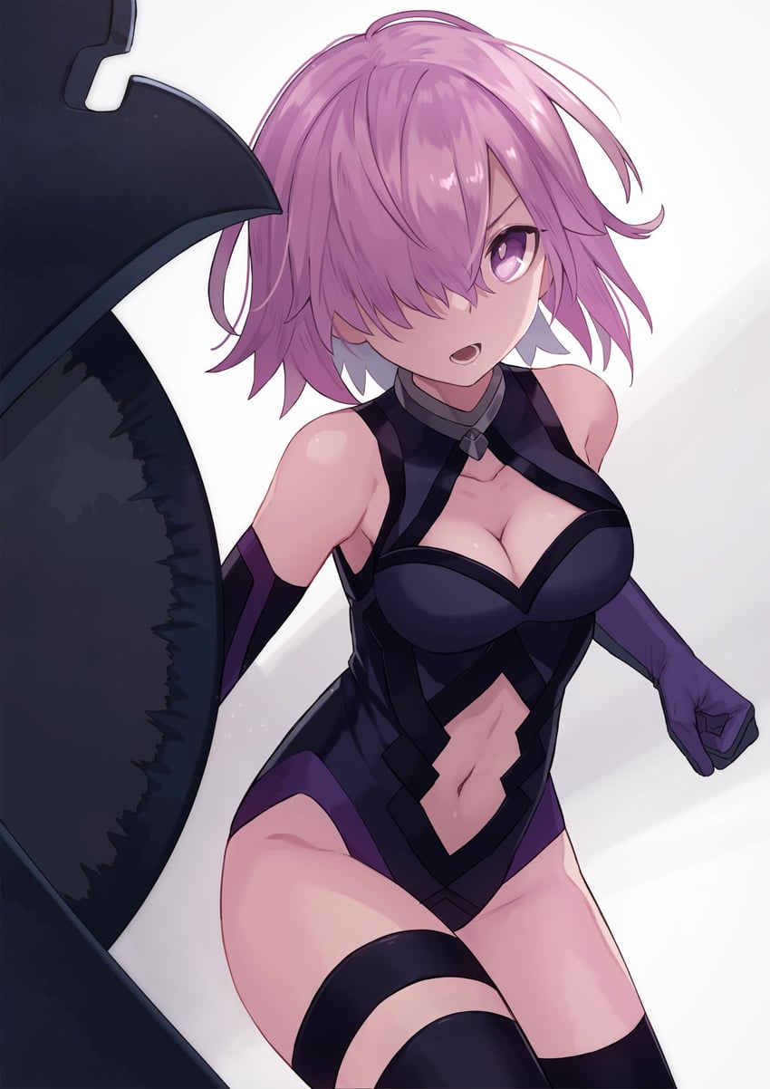 Fate/Grand Order、Fate系列、玛修·基列莱特 1名女孩 露肩 黑色紧身连体衣 黑色过膝袜 乳房
