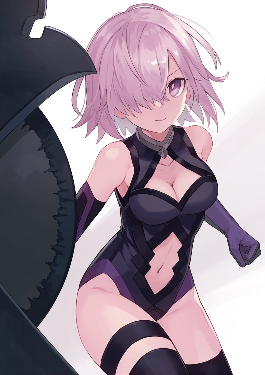 Fate/Grand Order、Fate系列、玛修·基列莱特 1名女孩 露肩 黑色紧身连体衣 黑色过膝袜 乳房
