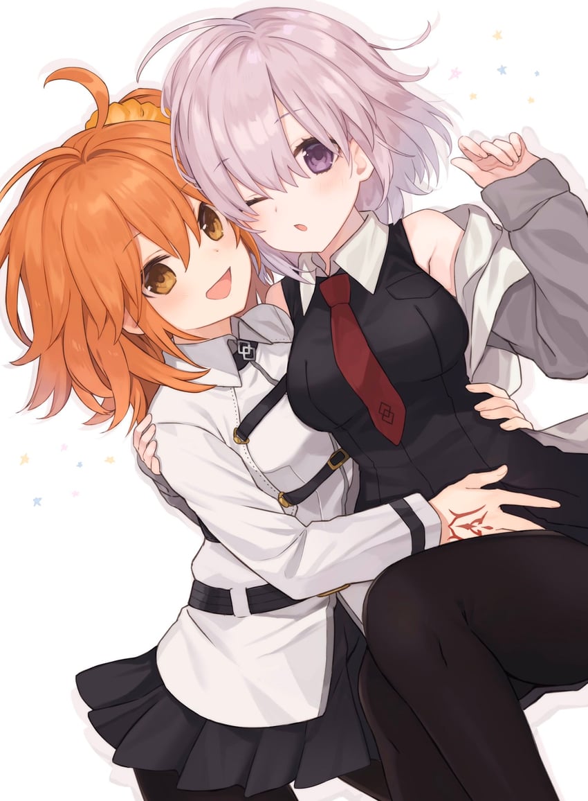 Fate/Grand Order、Fate系列、藤丸立香 (女性) 2名女孩 黑色连裤袜 黑衬衫 黑色裙子 脸红
