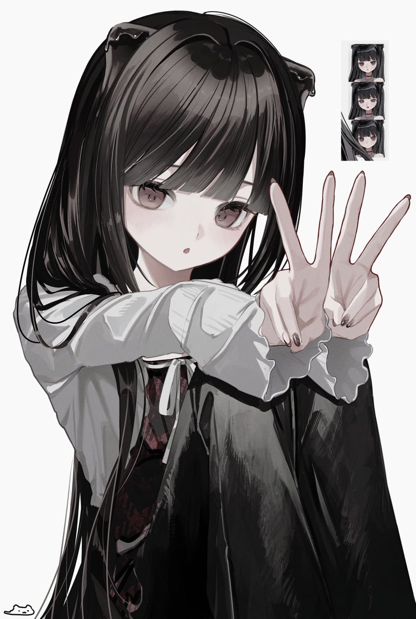原创 1名女孩 惊讶 黑色连衣裙 黑发 齐刘海