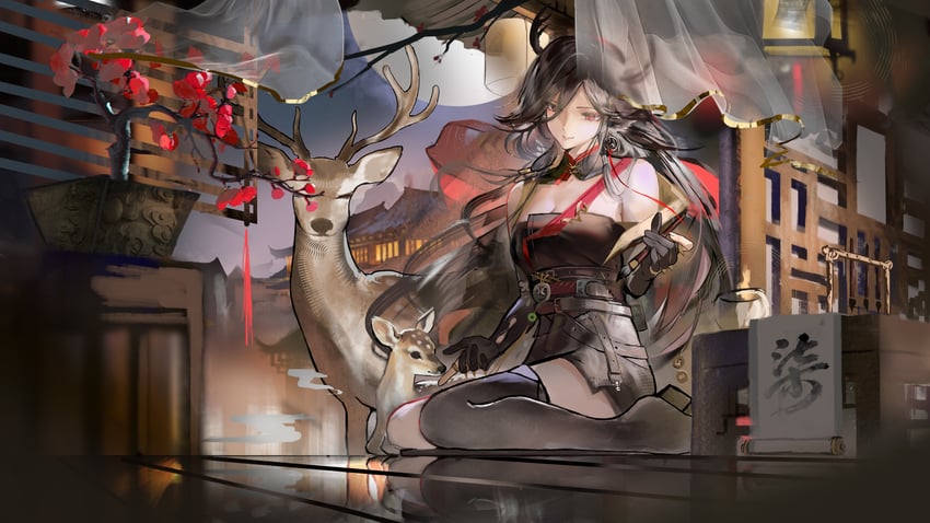 明日方舟、仇白 (明日方舟) 1名女孩 兽耳 鹿角 建筑 露肩
